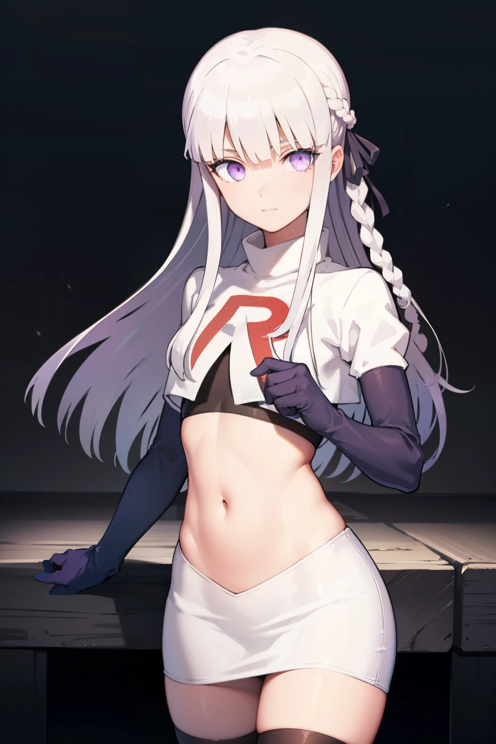 kyokokirigiri, kyouko kirigiri, long hair, bangs, ribbon, (purple eyes:1.1), hair ribbon, purple hair, braid, single braid, side braid,
BREAK black ribbon, team rocket,team rocket uniform,white skirt,red letter R,crop top,black thigh-highs,black elbow gloves
BREAK looking at viewer, (cowboy shot:1.5),
BREAK (masterpiece:1.2), best quality, high resolution, unity 8k wallpaper, (illustration:0.8), (beautiful detailed eyes:1.6), extremely detailed face, perfect lighting, extremely detailed CG, (perfect hands, perfect anatomy),