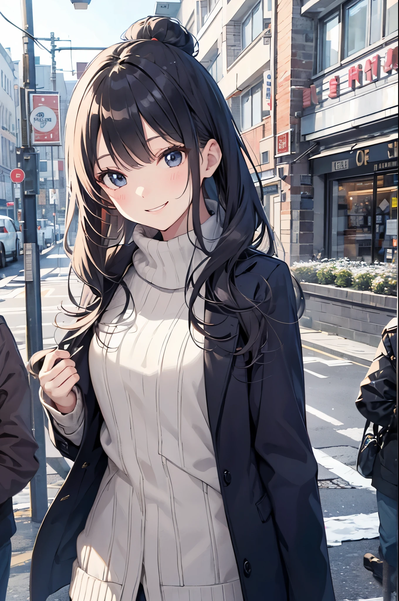 Anime girl with long black hair walking down a street - SeaArt AI