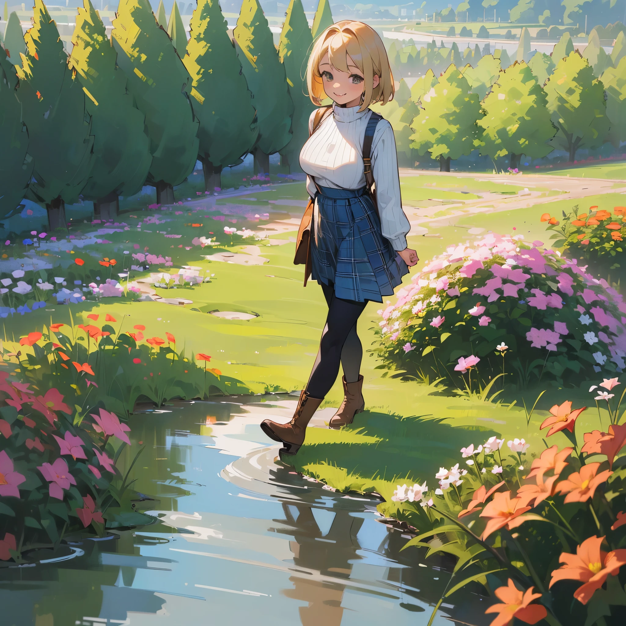 (high quality, high resolution, Super detailed, Reality:1.37), peaceful atmosphere, (outdoor, garden), Teenage girl standing alone, (My breasts are big.), Beautiful detailed features, cute smile, (blonde bob hair), ribbed sweater, blue plaid skirt, Black tights, brown boots.