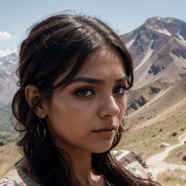 1 mujer, cabello negro azabache brillante y sedoso, big black eyes with long eyelashes, cara primer plano mirando al espectador, side lighting, mountain background, aestethic, hiperrealista, 4k arte digital, obra maestra