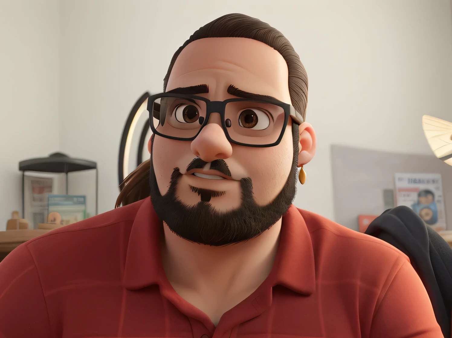 Um homem gordinho e moreno, estilo pixar, of square glasses, muita qualidade, de alta qualidade.  cabelo preto curto e enroladinho. Barba preta. His eye color is very dark brown and he has a small hoop earring in his left ear.. O bigode deve encontrar a barba nas laterais da boca. O fundo deve remeter a um ambiente de suspense. Com aspecto acolhedor.