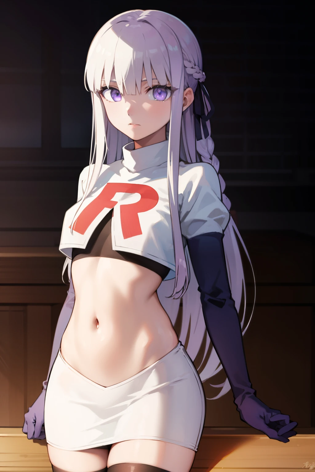 kyokokirigiri, kyouko kirigiri, long hair, bangs, ribbon, (purple eyes:1.1), hair ribbon, purple hair, braid, single braid, side braid,
BREAK black ribbon, team rocket,team rocket uniform,white skirt,red letter R,crop top,black thigh-highs,black elbow gloves
BREAK looking at viewer, (cowboy shot:1.5),
BREAK (masterpiece:1.2), best quality, high resolution, unity 8k wallpaper, (illustration:0.8), (beautiful detailed eyes:1.6), extremely detailed face, perfect lighting, extremely detailed CG, (perfect hands, perfect anatomy),