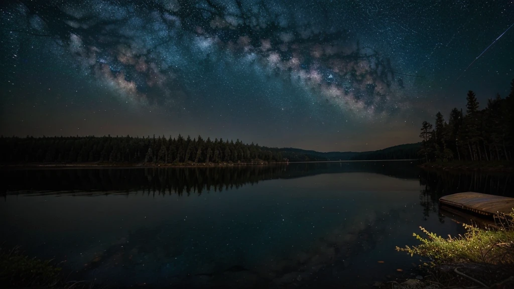 Generate me a Canadian forest with a lake calm by the starry night of the milky way