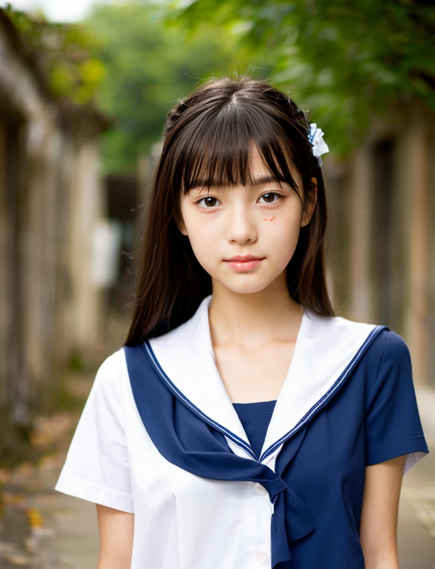 Japanese sailor school uniform top and bottom navy blue、beautiful girl、、(((Leave the hem of your clothes outside)))、black hair、ponytail、((No bangs:1.2))、((put out one's forehead))、I love you、Moist eyes、Spinning、