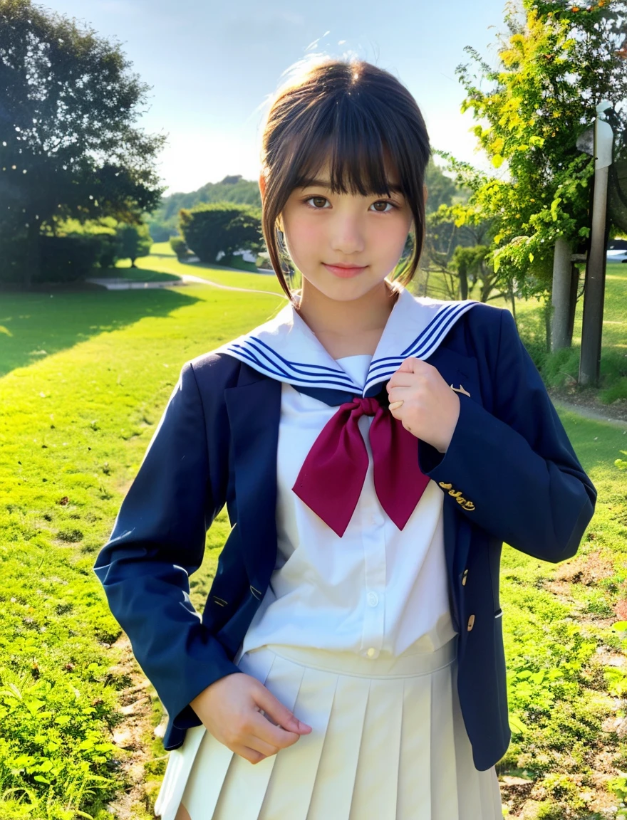 Japanese sailor school uniform top and bottom navy blue、beautiful girl、、(((Leave the hem of your clothes outside)))、black hair、ponytail、((No bangs:1.2))、((put out one's forehead))、I love you、Moist eyes、Spinning、