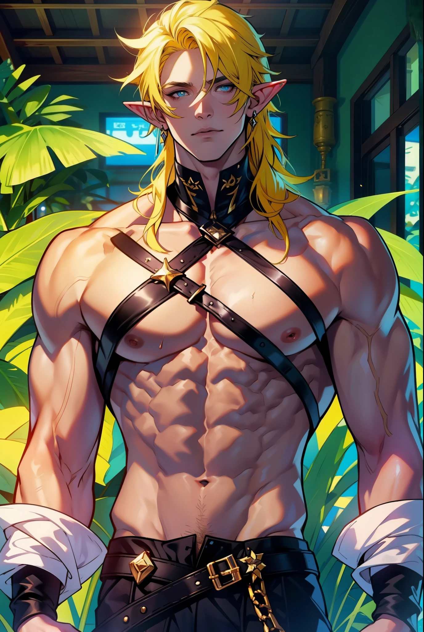 Elf, Elf ears, pele branca,Best quality at best,Dadalya(Impacto Genshin , sem camisa,Bowed muscleulging of the pectoral muscle,Aboco masculino,1st grade,Olhos azuis,luva branca,sozinho,yellow hair,olhos azuis e vermelhos,cabelo entre os olhos,((Virilha Saliente)),sexy,(master part, best quality),(sem camisa, peitoral),auto-seguro,Divirta-se,expression serious