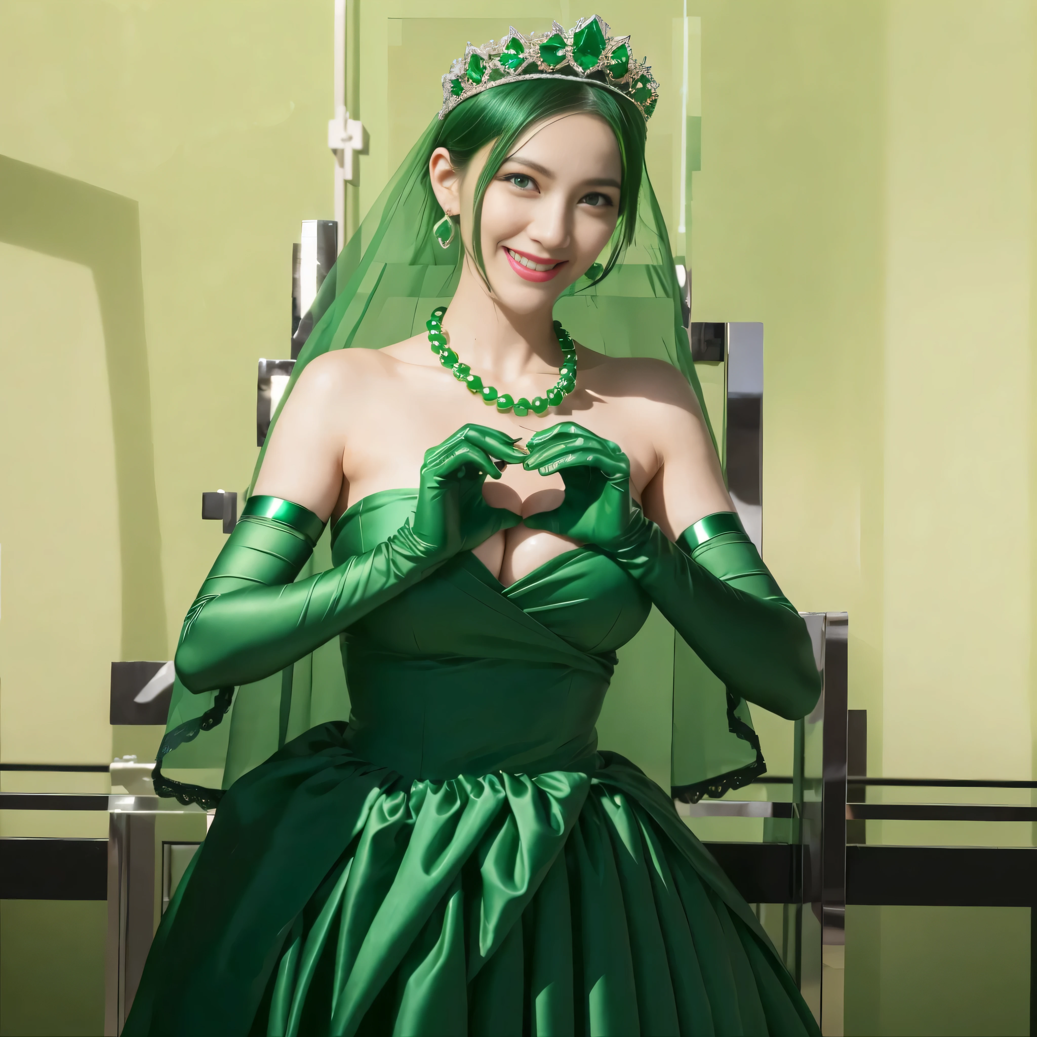 emerald tiara, green pearl necklace, ボーイッシュな非常に短いgreen hair, lipstick, smiling woman, very short hair, Beauty with large breasts, green eyes, Long Green Satin Gloves, green eyes, emerald earrings, green veil, heart with both hands, green hair, Beautiful woman in her 30s, heart shaped hand:1.3