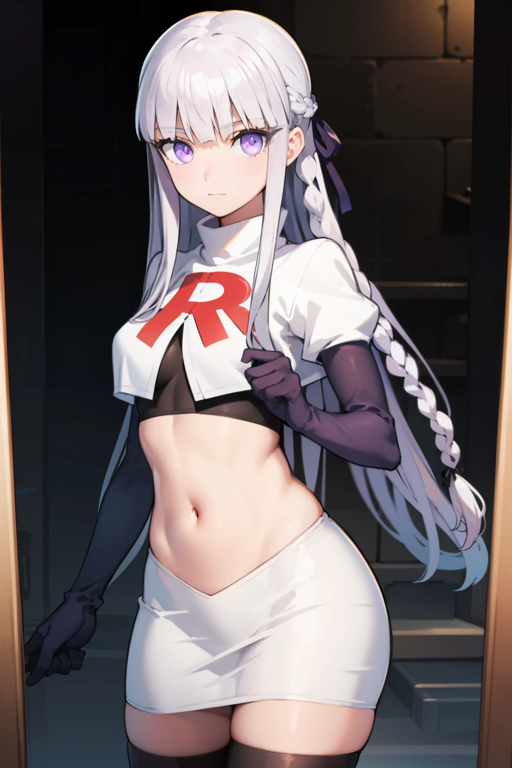 kyokokirigiri, kyouko kirigiri, long hair, bangs, ribbon, (purple eyes:1.1), hair ribbon, purple hair, braid, single braid, side braid,
BREAK black ribbon, team rocket,team rocket uniform,white skirt,red letter R,crop top,black thigh-highs,black elbow gloves
BREAK looking at viewer, (cowboy shot:1.5),
BREAK (masterpiece:1.2), best quality, high resolution, unity 8k wallpaper, (illustration:0.8), (beautiful detailed eyes:1.6), extremely detailed face, perfect lighting, extremely detailed CG, (perfect hands, perfect anatomy),