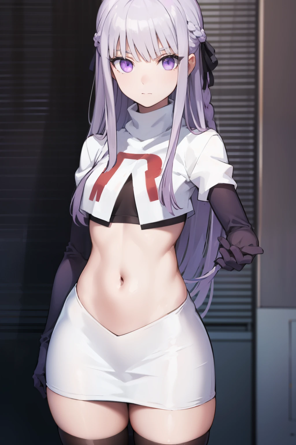 kyokokirigiri, kyouko kirigiri, long hair, bangs, ribbon, (purple eyes:1.1), hair ribbon, purple hair, braid, single braid, side braid,
BREAK black ribbon, team rocket,team rocket uniform,white skirt,red letter R,crop top,black thigh-highs,black elbow gloves
BREAK looking at viewer, (cowboy shot:1.5),
BREAK (masterpiece:1.2), best quality, high resolution, unity 8k wallpaper, (illustration:0.8), (beautiful detailed eyes:1.6), extremely detailed face, perfect lighting, extremely detailed CG, (perfect hands, perfect anatomy),