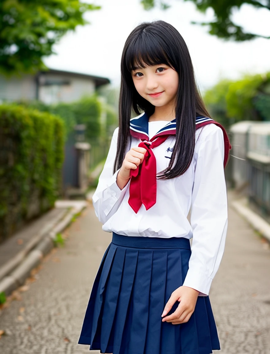 Japan Sailor School Uniform、dark blue school uniform、navy pleated skirt、beautiful girl、16 years old、(((Leave the hem of your clothes outside)))、black hair、ponytail、((No bangs:1.2))、((put out one's forehead))、I love you、Moist eyes、Spinning、