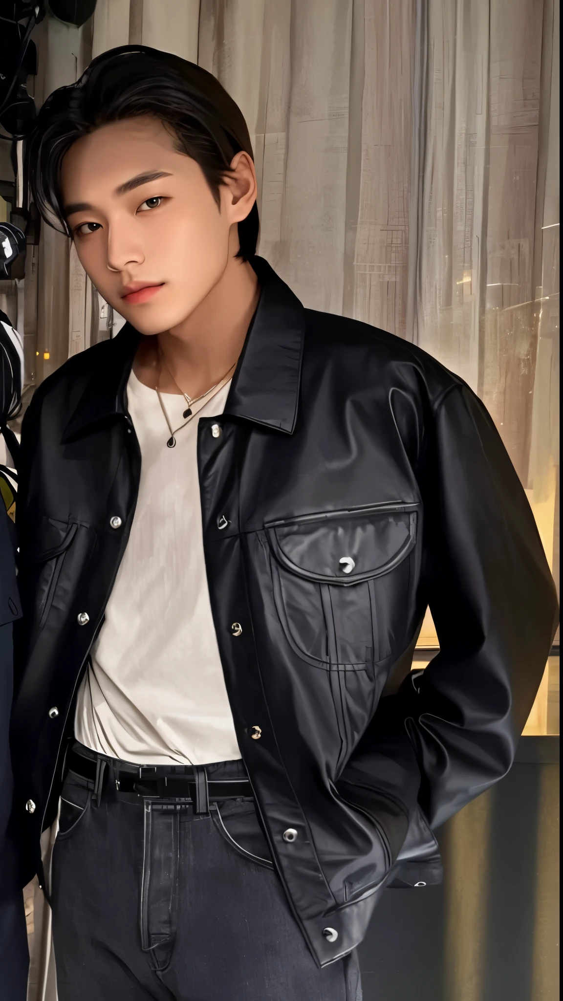 There's a man in a room, very aesthetic couro jacket, cai xukun, couro clothes, Taehyng, couro clothing, wearing a couro jacket, hyung tae, couro, Jung Jaehyun, wearing couro, in an old 1950s couro jacket, black couro slim clothes, wearing couro jacket, Korean face with American features, realista, Kim Taehyung, ultra HD 