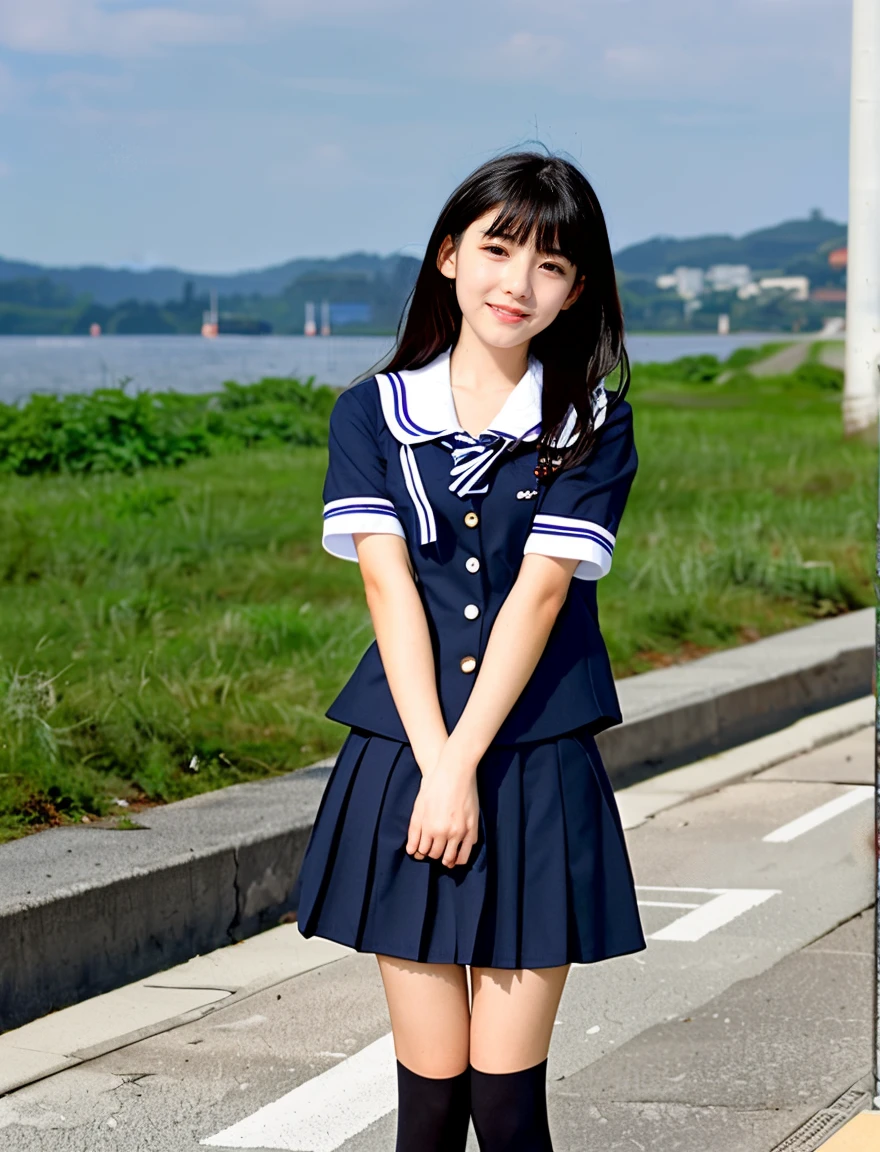 two beautiful japanese girls、A beautiful girl wearing a dark blue sailor school uniform、、((Leave the hem of your clothes outside:1.2))、black hair、straight、No bangs、I love you、Moist eyes、dark blue pleated skirt、loafers、white socks、Spinning、standing position、Bruising and ugly expression、I want to be spoiled、belly button、lesbian、