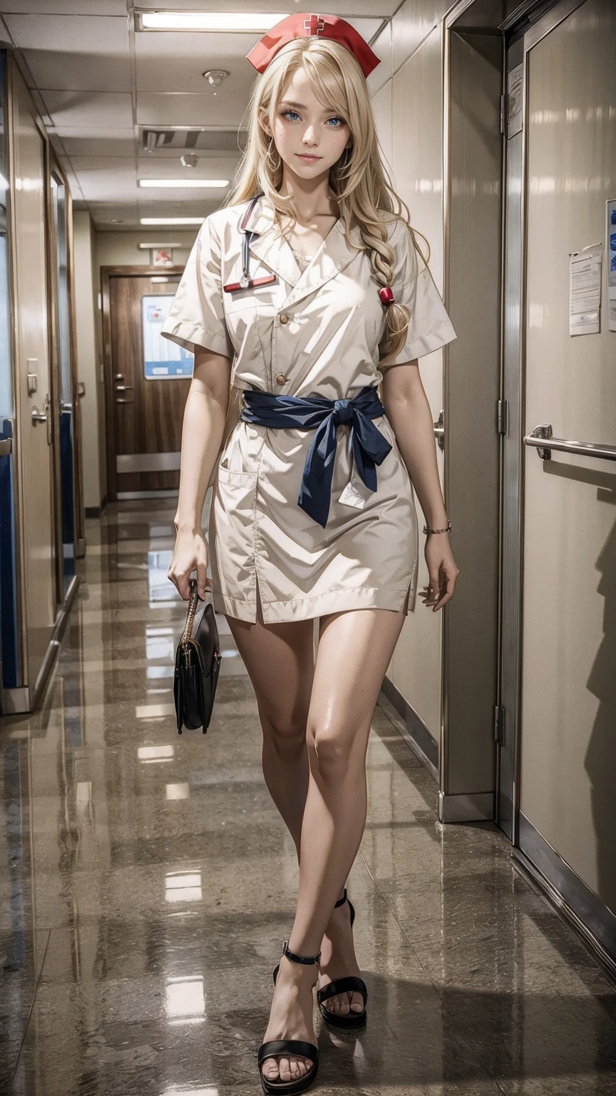 (highest quality, High resolution, masterpiece :1.3), 25-year-old Caucasian woman、platinum blonde、blue eyes、long hair、my hair is wavy、The ends of the hair are tied with a ribbon、smile、Slender but well-proportioned muscular body、I don&#39;t want my head to disappear from the screen.、wearing red nail polish、nurse、wearing nurse sandals、I&#39;m in the hospital hallway、I have a tablet device