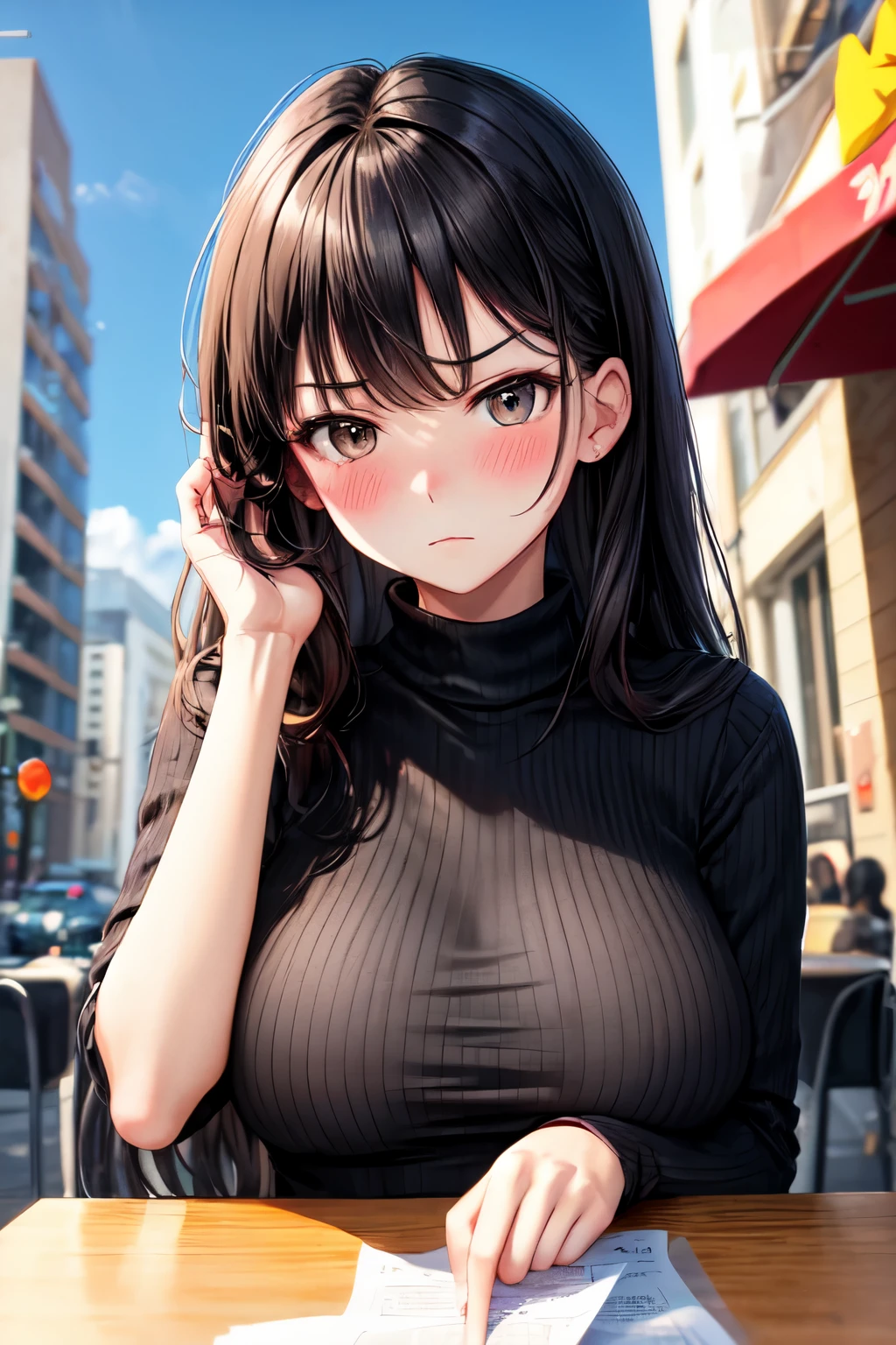 FaceUnamused Cute Blush, City girl hair in Black ,Black turtleneck shirt ,Short bulb ,long hair ,big breasts ,black hair ,I don&#39;t have bangs.