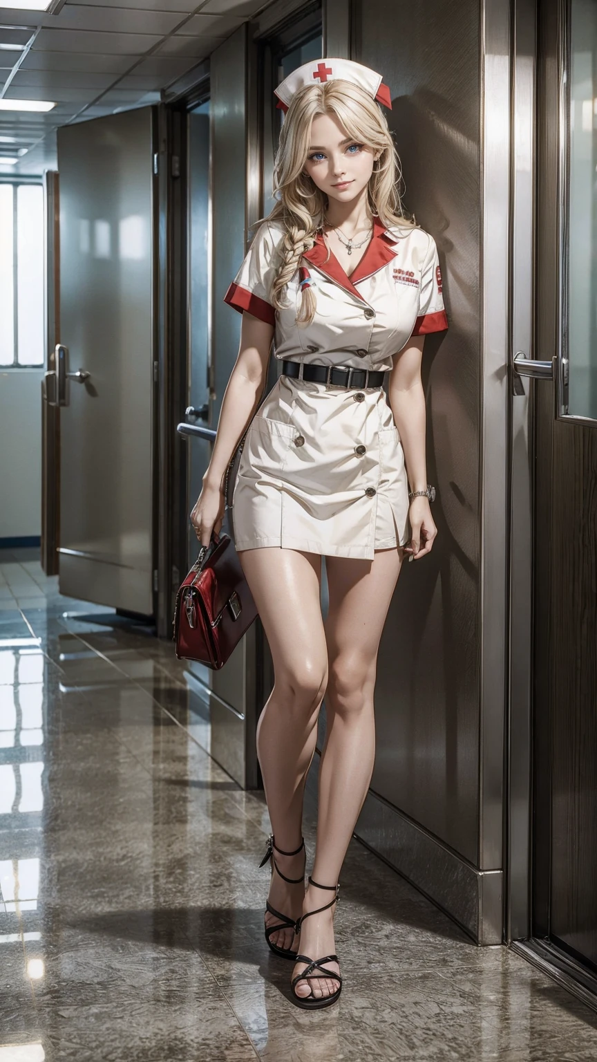 (highest quality, High resolution, masterpiece :1.3), 25-year-old Caucasian woman、platinum blonde、blue eyes、long hair、my hair is wavy、The ends of the hair are tied with a ribbon、smile、Slender but well-proportioned muscular body、I don't want my head to disappear from the screen.、wearing red nail polish、sexy nurse、The uniform is sexy、wearing nurse sandals、I'm in the hospital hallway、I have a tablet device