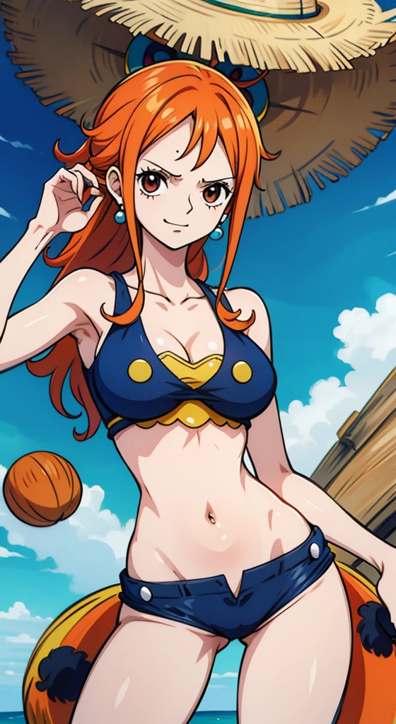 Generar una imagen realista de estilo anime de Nami de One Piece. Captura su apariencia distintiva con cabello naranja, una camisa, and a cheerful expression. Make sure the picture reflects your adventurous and confident personality as shown in the anime.., cuerpo completo, Plano amplio ,  Curvy athletic body, Antecedentes de la isla,top de sujetador, falda, ojos naranjas, ojos naranjas, armpits