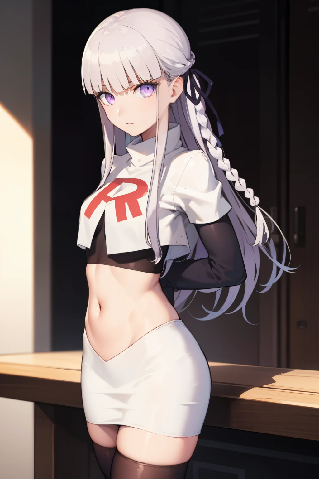 kyokokirigiri, kyouko kirigiri, long hair, bangs, ribbon, (purple eyes:1.1), hair ribbon, purple hair, braid, single braid, side braid,
BREAK black ribbon, team rocket,team rocket uniform,white skirt,red letter R,crop top,black thigh-highs,black elbow gloves
BREAK looking at viewer, (cowboy shot:1.5),
BREAK (masterpiece:1.2), best quality, high resolution, unity 8k wallpaper, (illustration:0.8), (beautiful detailed eyes:1.6), extremely detailed face, perfect lighting, extremely detailed CG, (perfect hands, perfect anatomy),