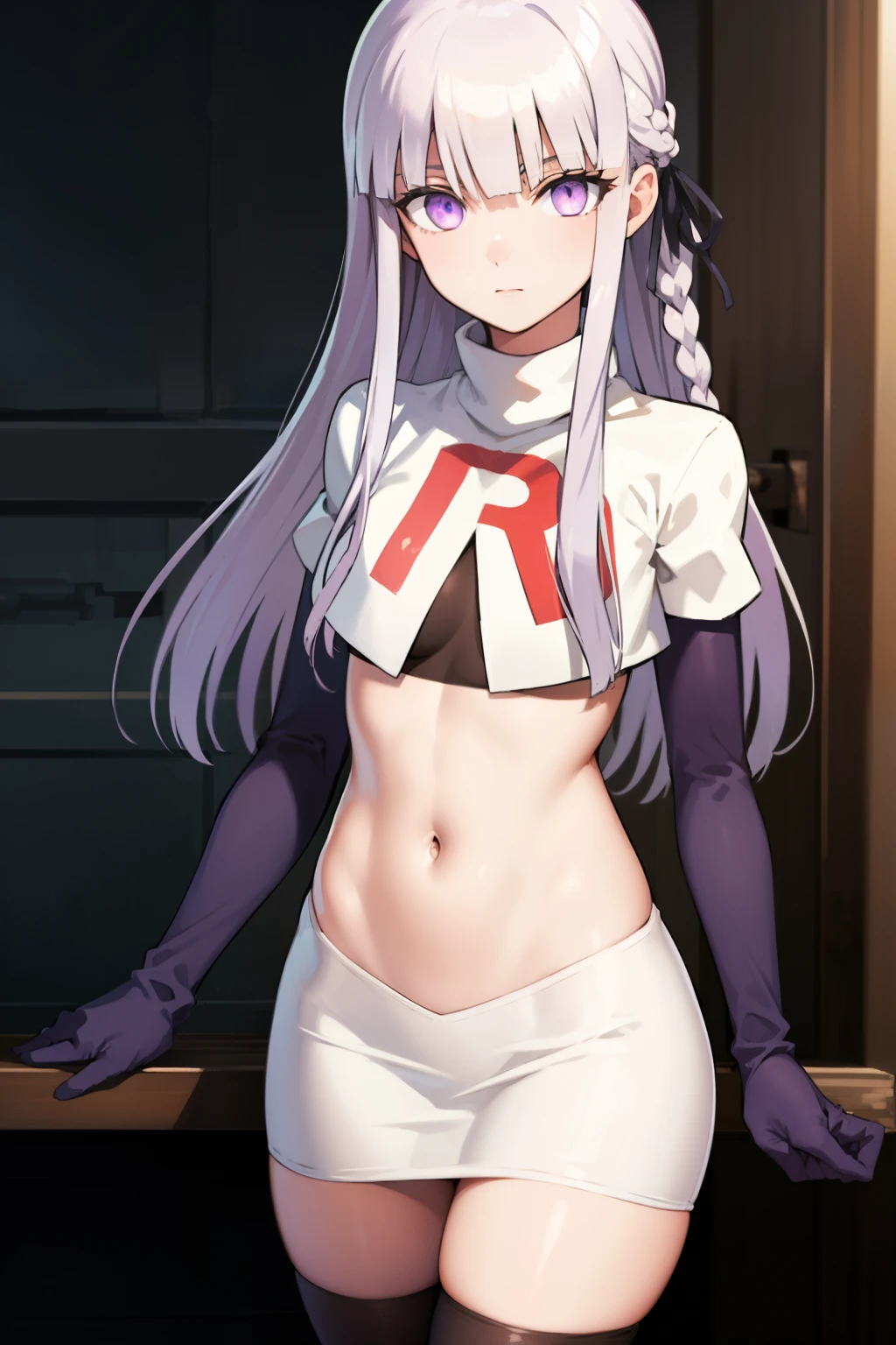 kyokokirigiri, kyouko kirigiri, long hair, bangs, ribbon, (purple eyes:1.1), hair ribbon, purple hair, braid, single braid, side braid,
BREAK black ribbon, team rocket,team rocket uniform,white skirt,red letter R,crop top,black thigh-highs,black elbow gloves
BREAK looking at viewer, (cowboy shot:1.5),
BREAK (masterpiece:1.2), best quality, high resolution, unity 8k wallpaper, (illustration:0.8), (beautiful detailed eyes:1.6), extremely detailed face, perfect lighting, extremely detailed CG, (perfect hands, perfect anatomy),