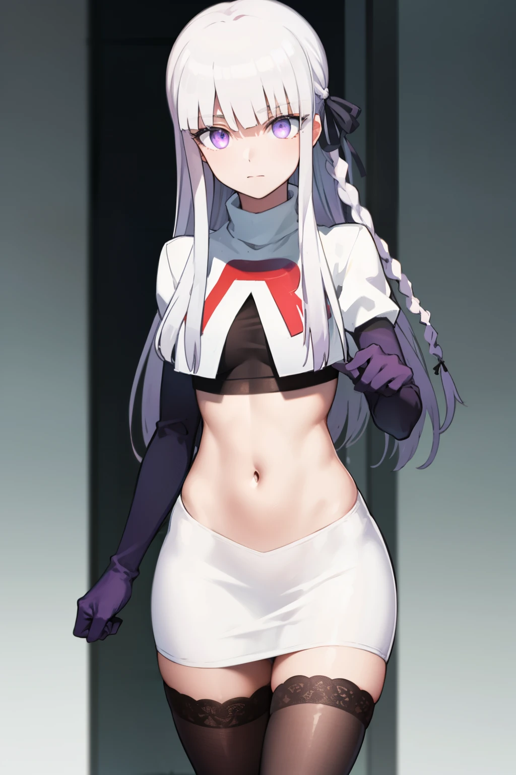 kyokokirigiri, kyouko kirigiri, long hair, bangs, ribbon, (purple eyes:1.1), hair ribbon, purple hair, braid, single braid, side braid,
BREAK black ribbon, team rocket,team rocket uniform,white skirt,red letter R,crop top,black thigh-highs,black elbow gloves
BREAK looking at viewer, (cowboy shot:1.5),
BREAK (masterpiece:1.2), best quality, high resolution, unity 8k wallpaper, (illustration:0.8), (beautiful detailed eyes:1.6), extremely detailed face, perfect lighting, extremely detailed CG, (perfect hands, perfect anatomy),