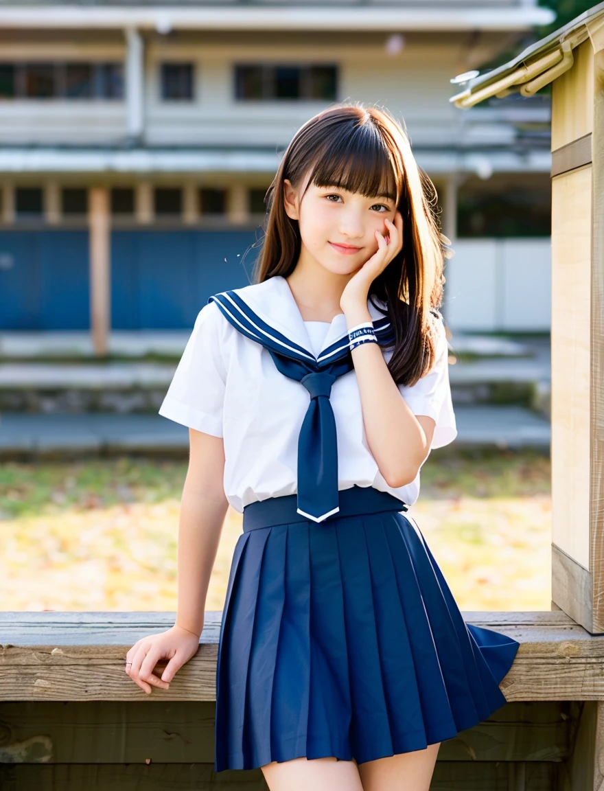 Japan Sailor School Uniform、dark blue school uniform、navy pleated skirt、beautiful girl、、(((Leave the hem of the sailor suit outside)))、black hair、ponytail、((No bangs:1.2))、((put out one's forehead))、I love you、Moist eyes、Spinning、white socks、loafers、