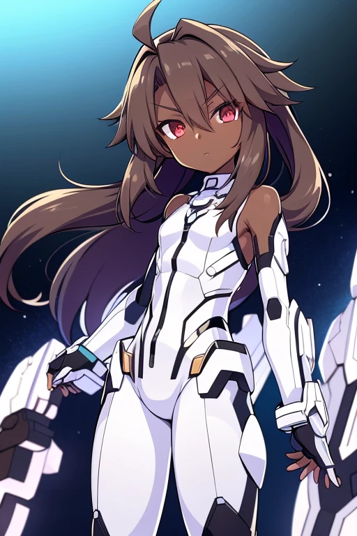 Masterpiece, best quality, highres, amazing quality, superior quality, glowing, shine, xenosaga, Hyperdimension Neptunia white heart, no game no life, flat chested, (male), (9 year old boy), (shota), (((Dark skin))), cute, red eyes, dark brown hair, black exosuit, black gauntlets, black powersuit, white mecha thigh armoured attachment, black leggings, close up, pose,