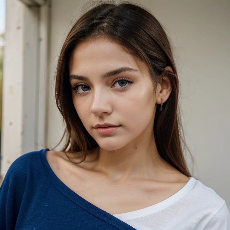 20 year old girl, piel blanca, mirando al frente, cabello color azul, ojos medianos, small, thin nose, boca mediana, contextura delgada, hyperdetailed photography, luz suave, retrato, realista. 
