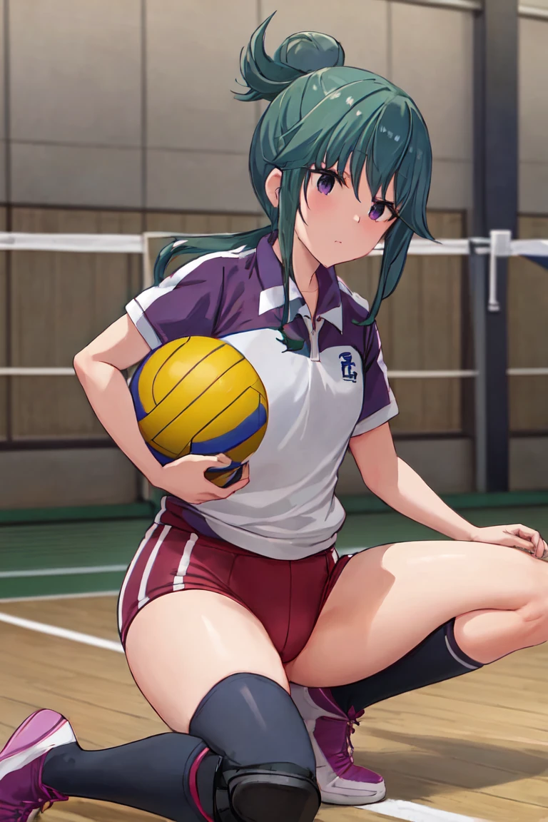 highest quality, masterpiece, High resolution, alone, {Shima_Also_yuru camp:1.15}, ((green_hair)), purple_eye, closed_mouth, single_hair_good, hair_good, 1 girl, 前hair, blurry, blurry_background, (volleyball uniform:1.3)、(barefoot)、dark blue socks,(sports boots)、full body shot