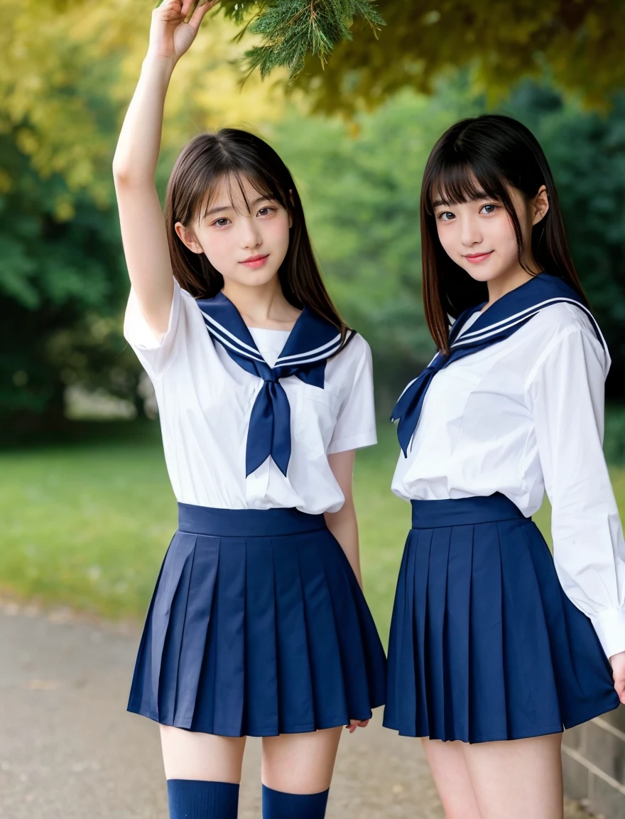 two beautiful japanese girls、A beautiful girl wearing a dark blue sailor school uniform、14 years old、The hem of a sailor uniform is a horizontal straight line.、((Leave the hem of your clothes outside:1.2))、black hair、straight、No bangs、I love you、Moist eyes、dark blue pleated skirt、loafers、white socks、Spinning、standing position、Bruising and ugly expression、I want to be spoiled、belly button、lesbian、