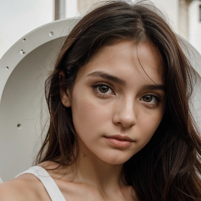 20 year old girl, piel blanca, mirando al frente, cabello largo color negro, ojos medianos, small, thin nose, boca mediana, contextura delgada, hyperdetailed photography, luz suave, retrato, realista.