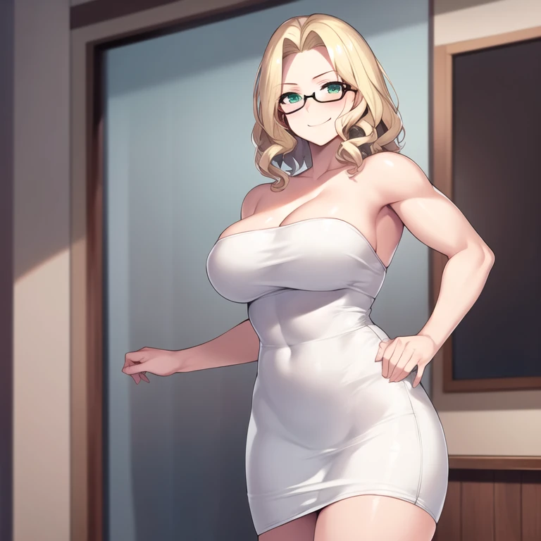 masterpiece, best quality, 1girl, solo, milf, forehead:1.4, large breasts, muscular female, wavy hair, very short hair, blonde hair, green eyes, round glasses, white dress, white dress, tube dress, strapless dress, blush, smirk, looking at viewer