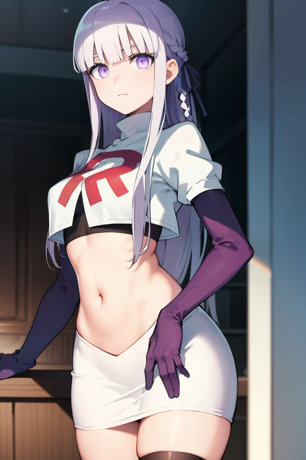 kyokokirigiri, kyouko kirigiri, long hair, bangs, ribbon, (purple eyes:1.1), hair ribbon, purple hair, braid, single braid, side braid,
BREAK black ribbon, team rocket,team rocket uniform,white skirt,red letter R,crop top,black thigh-highs,black elbow gloves
BREAK looking at viewer, (cowboy shot:1.5),
BREAK (masterpiece:1.2), best quality, high resolution, unity 8k wallpaper, (illustration:0.8), (beautiful detailed eyes:1.6), extremely detailed face, perfect lighting, extremely detailed CG, (perfect hands, perfect anatomy),