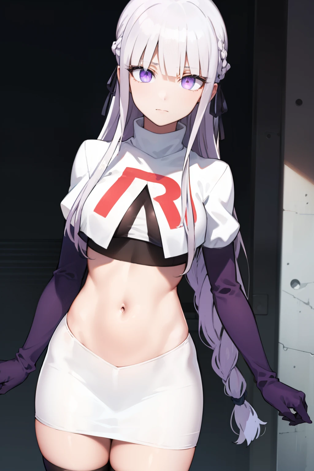 kyokokirigiri, kyouko kirigiri, long hair, bangs, ribbon, (purple eyes:1.1), hair ribbon, purple hair, braid, single braid, side braid,
BREAK black ribbon, team rocket,team rocket uniform,white skirt,red letter R,crop top,black thigh-highs,black elbow gloves
BREAK looking at viewer, (cowboy shot:1.5),
BREAK (masterpiece:1.2), best quality, high resolution, unity 8k wallpaper, (illustration:0.8), (beautiful detailed eyes:1.6), extremely detailed face, perfect lighting, extremely detailed CG, (perfect hands, perfect anatomy),