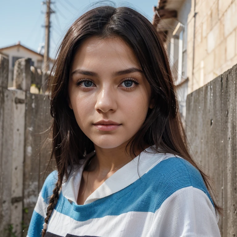 20 year old girl, piel blanca, mirando al frente, cabello color azul, ojos medianos, small, thin nose, boca mediana, contextura delgada, ropa color negra, hyperdetailed photography, luz suave, retrato, realista.