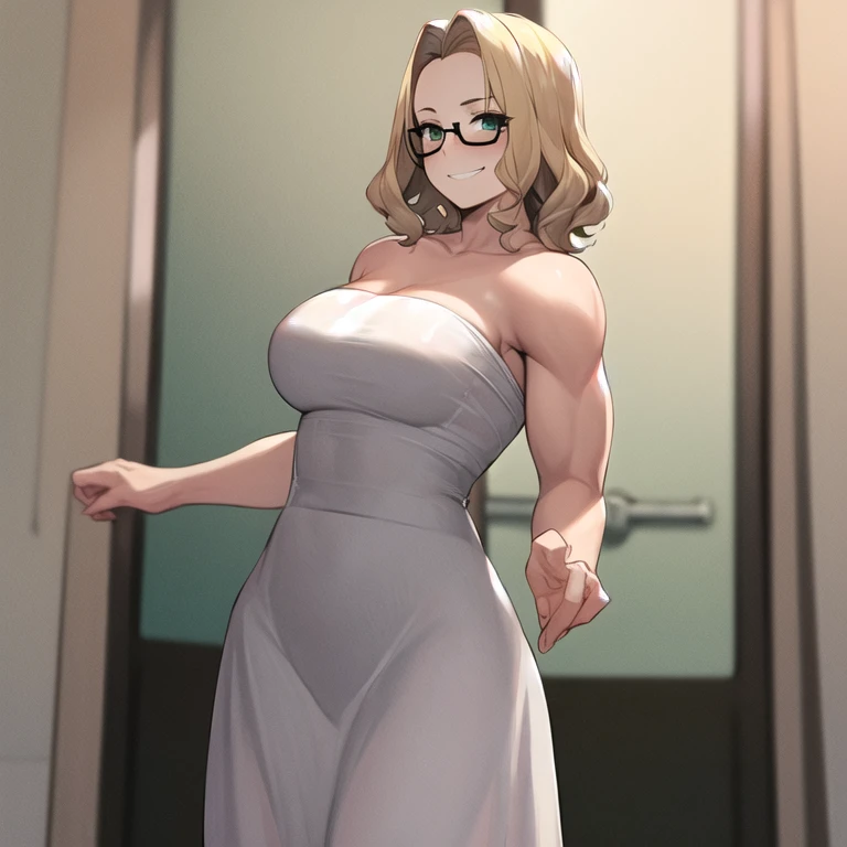 masterpiece, best quality, 1girl, solo, milf, forehead:1.4, large breasts, muscular female, wavy hair, very short hair, blonde hair, green eyes, round glasses, white dress, white dress, tube dress, strapless dress, blush, smirk, looking at viewer