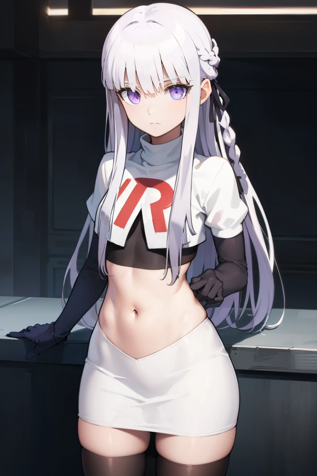 kyokokirigiri, kyouko kirigiri, long hair, bangs, ribbon, (purple eyes:1.1), hair ribbon, purple hair, braid, single braid, side braid,
BREAK black ribbon, team rocket,team rocket uniform,white skirt,red letter R,crop top,black thigh-highs,black elbow gloves
BREAK looking at viewer, (cowboy shot:1.5),
BREAK (masterpiece:1.2), best quality, high resolution, unity 8k wallpaper, (illustration:0.8), (beautiful detailed eyes:1.6), extremely detailed face, perfect lighting, extremely detailed CG, (perfect hands, perfect anatomy),