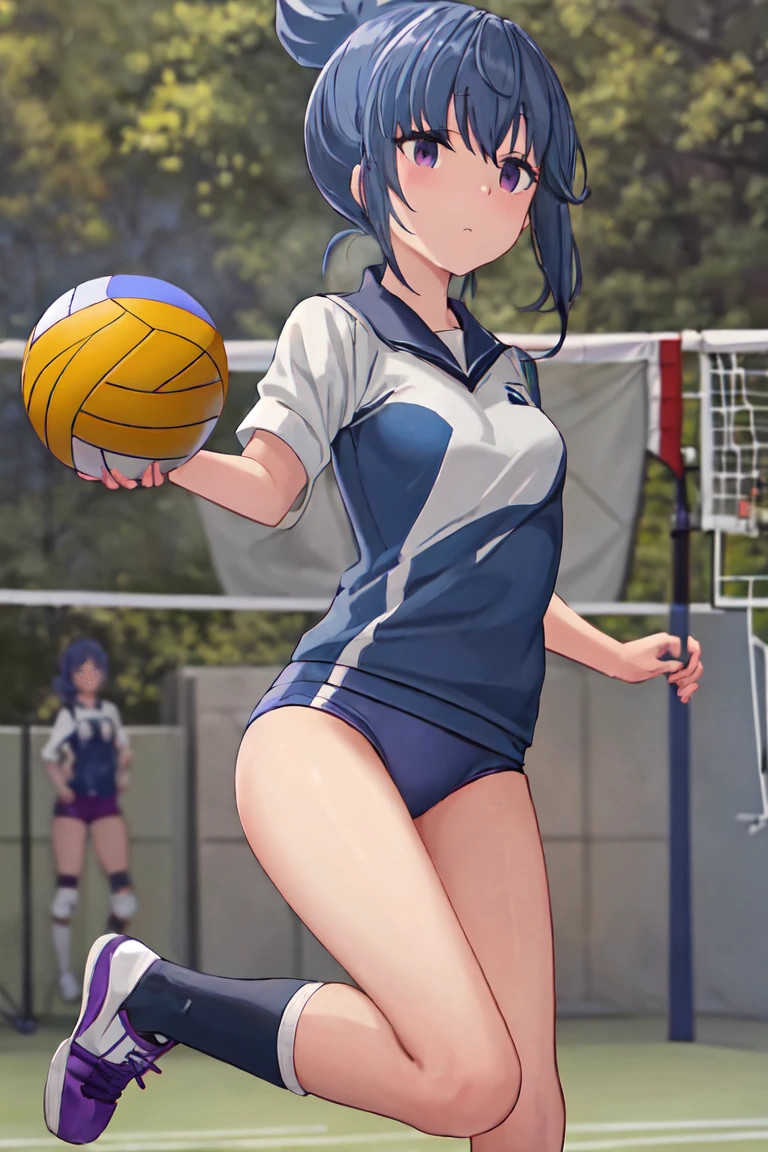 highest quality, masterpiece, High resolution, alone, {Shima_Also_yuru camp:1.15}, green_hair, purple_eye, closed_mouth, single_hair_good, hair_good, 1 girl, 前hair, blurry, blurry_background, (volleyball uniform:1.3)、(barefoot)、dark blue socks,(sports boots)、full body shot