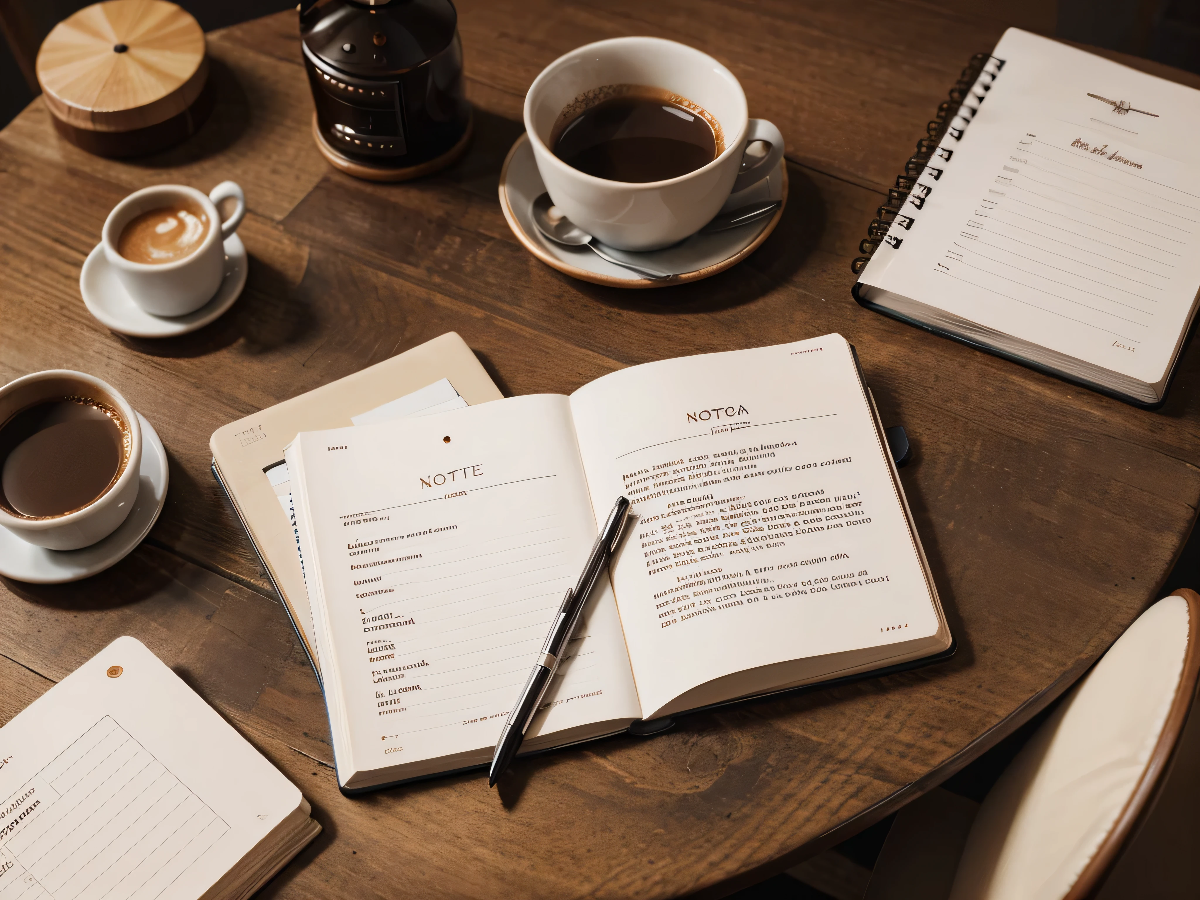 hot coffee next to notes and pen and notebook on the table, fotografia, Muitos detalhes, afiado, 8k