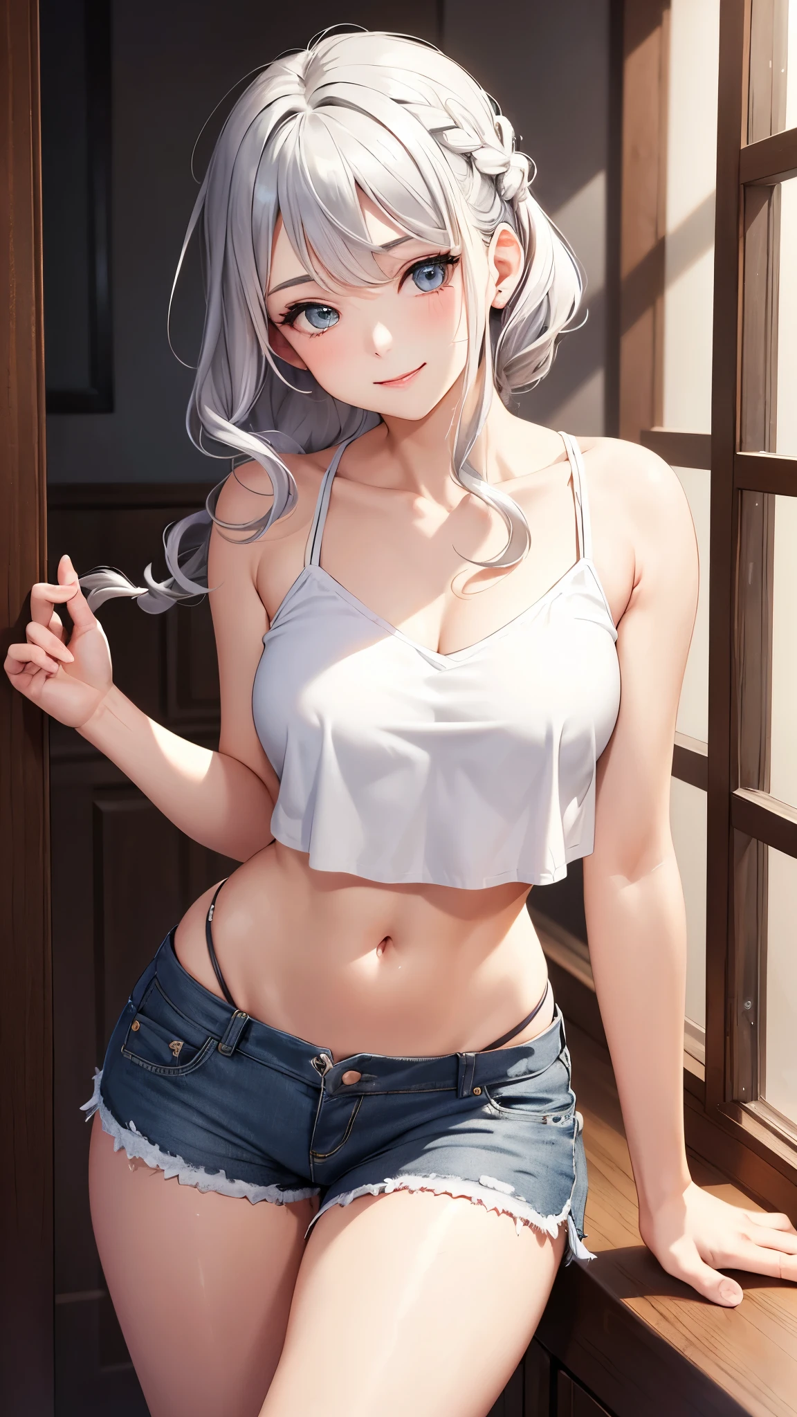 Unparalleled beauty, Shiny and firm skin, Silver Hair, Beautiful and nice girl,kindly smile,french braid hair,Short camisole,low rise short pants