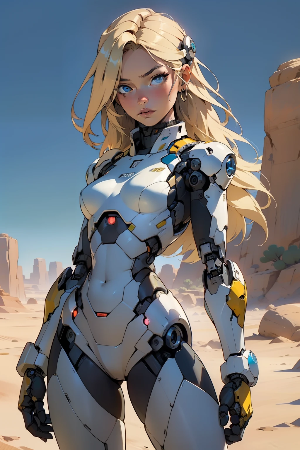 high quality, 4k, masterpiece, beautiful, cyborg girl, cowboy shot, dull eyes, looking at viewer, long blonde hair, girl, small breasts, fit thigh, robotic arms, robotic body, cyborg body, yellow accent, intricate detail, joint, detailed lines, robotic detail, holding fist up, holding hand up as fist, color robotic parts, robotic parts with color, perfect fingers, on a desert planet, sunny background, colorful desert,