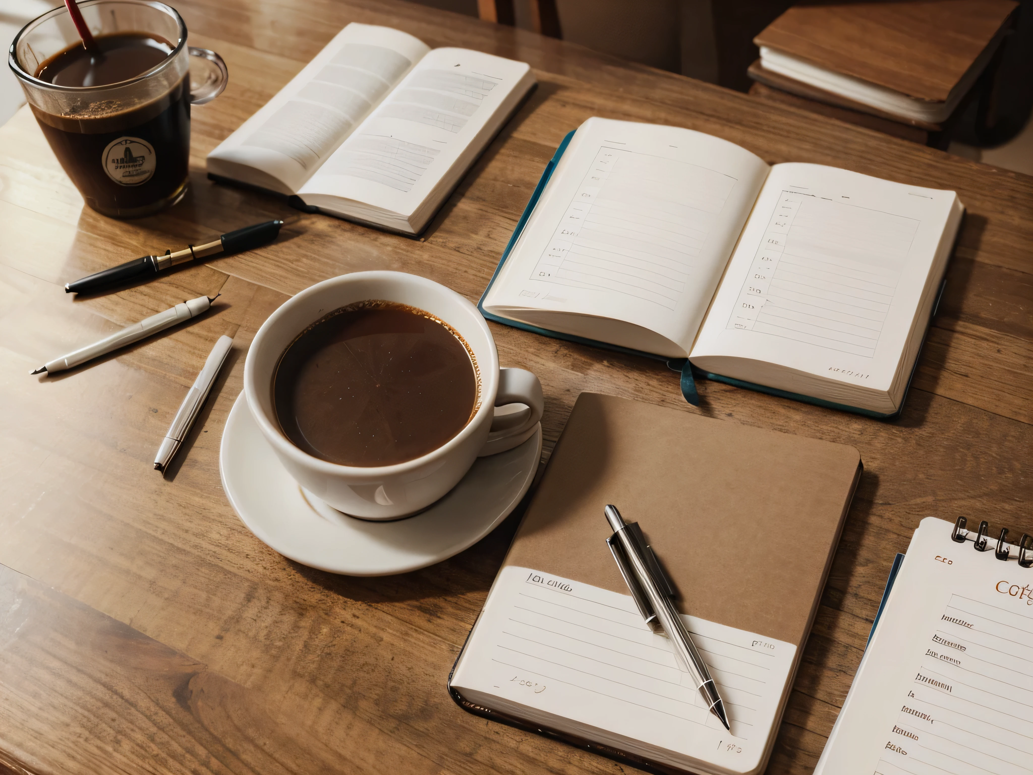 hot coffee next to notes and pen and notebook on the table, fotografia, Muitos detalhes, afiado, 8k
