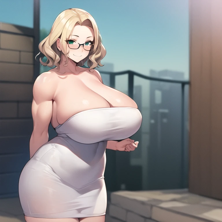 masterpiece, best quality, 1girl, solo, milf, forehead:1.4, huge breasts, muscular female, wavy hair, very short hair, blonde hair, green eyes, round glasses, white dress, white dress, tube dress, strapless dress, blush, smirk, looking at viewer