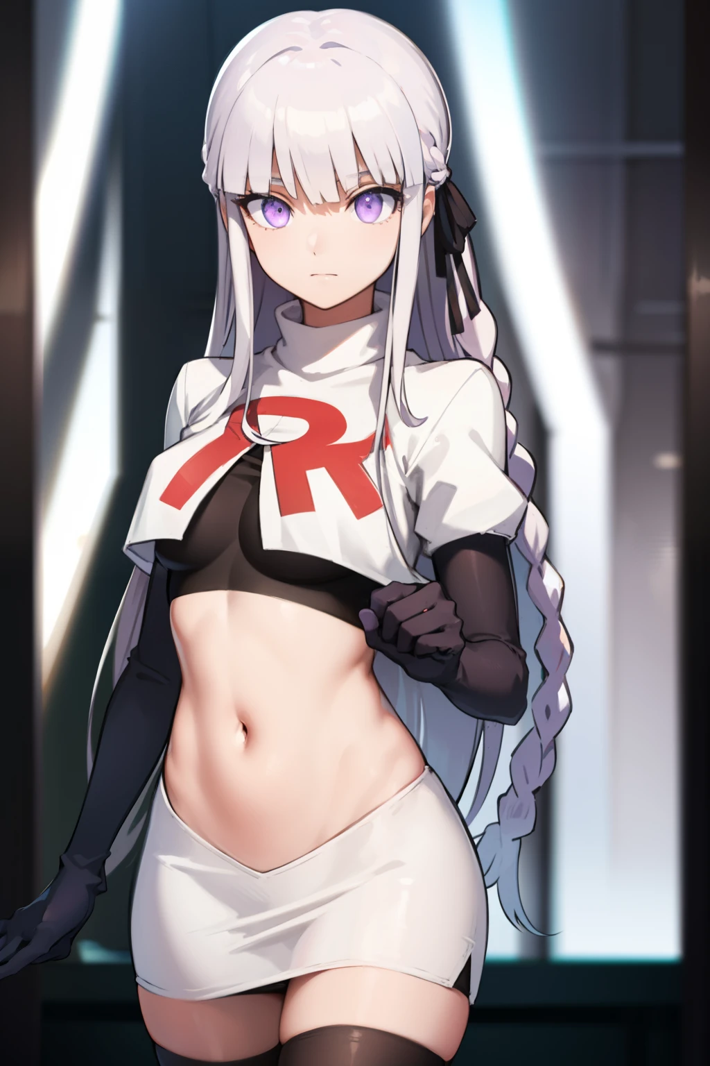 kyokokirigiri, kyouko kirigiri, long hair, bangs, ribbon, (purple eyes:1.1), hair ribbon, purple hair, braid, single braid, side braid,
BREAK black ribbon, team rocket,team rocket uniform,white skirt,red letter R,crop top,black thigh-highs,black elbow gloves
BREAK looking at viewer, (cowboy shot:1.5),
BREAK (masterpiece:1.2), best quality, high resolution, unity 8k wallpaper, (illustration:0.8), (beautiful detailed eyes:1.6), extremely detailed face, perfect lighting, extremely detailed CG, (perfect hands, perfect anatomy),