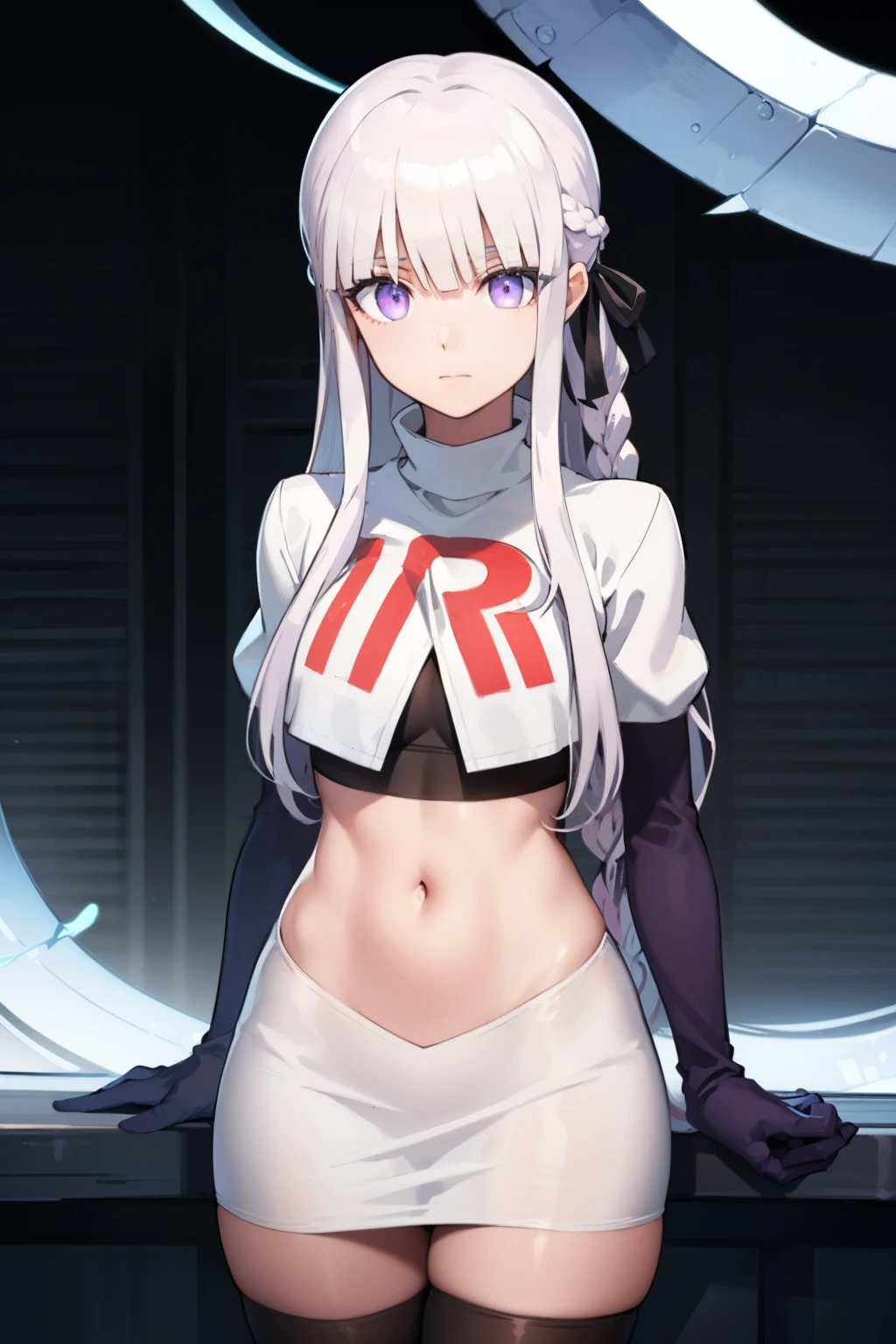 kyokokirigiri, kyouko kirigiri, long hair, bangs, ribbon, (purple eyes:1.1), hair ribbon, purple hair, braid, single braid, side braid,
BREAK black ribbon, team rocket,team rocket uniform,white skirt,red letter R,crop top,black thigh-highs,black elbow gloves
BREAK looking at viewer, (cowboy shot:1.5),
BREAK (masterpiece:1.2), best quality, high resolution, unity 8k wallpaper, (illustration:0.8), (beautiful detailed eyes:1.6), extremely detailed face, perfect lighting, extremely detailed CG, (perfect hands, perfect anatomy),