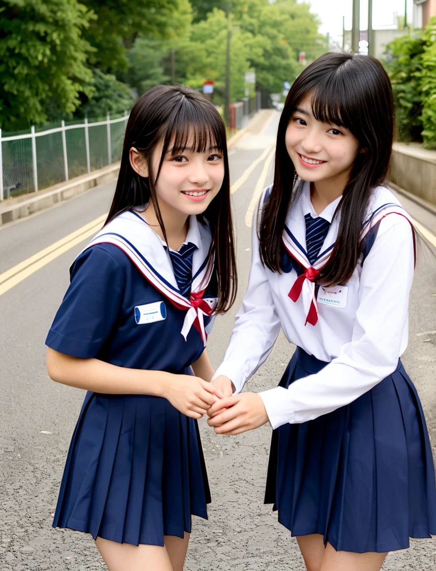 two beautiful japanese girls、A beautiful girl wearing a dark blue sailor school uniform、、The hem of the sailor suit is exposed、((Leave the hem of your clothes outside:1.2))、black hair、straight、No bangs、I love you、Moist eyes、dark blue pleated skirt、loafers、white socks、Spinning、standing position、I want to be spoiled、belly button、lesbian、fun、