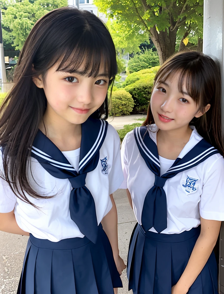 two beautiful japanese girls、A beautiful girl wearing a dark blue sailor school uniform、、The hem of the sailor suit is exposed、((Leave the hem of your clothes outside:1.2))、black hair、straight、No bangs、I love you、Moist eyes、dark blue pleated skirt、loafers、white socks、Spinning、standing position、I want to be spoiled、belly button、lesbian、fun、