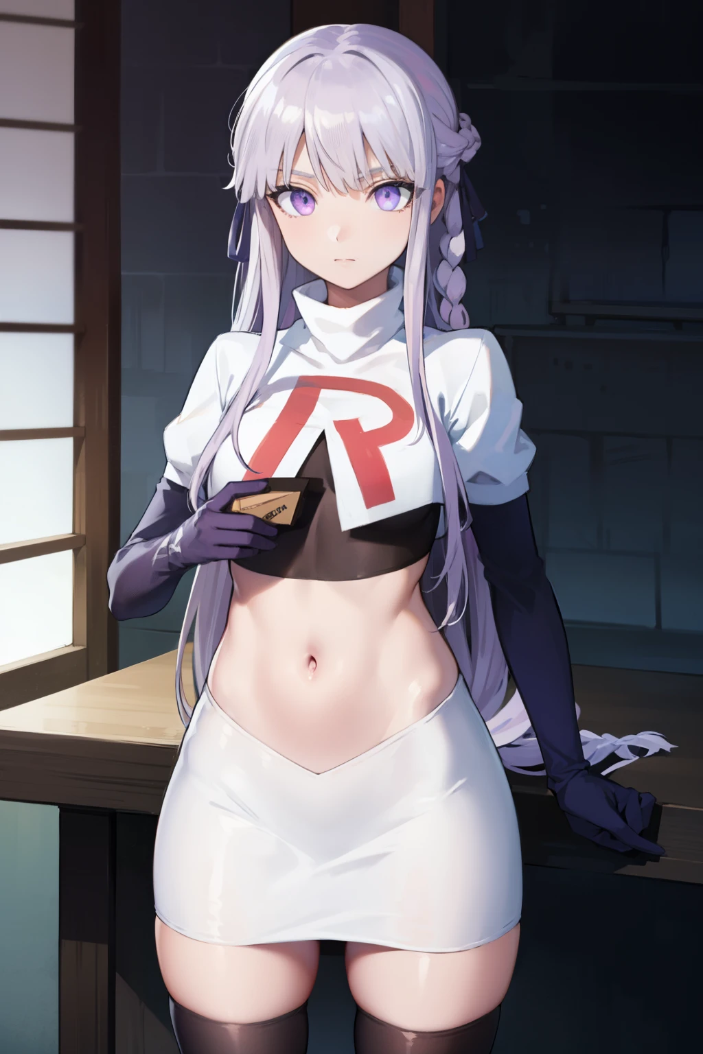 kyokokirigiri, kyouko kirigiri, long hair, bangs, ribbon, (purple eyes:1.1), hair ribbon, purple hair, braid, single braid, side braid,
BREAK black ribbon, team rocket,team rocket uniform,white skirt,red letter R,crop top,black thigh-highs,black elbow gloves
BREAK looking at viewer, (cowboy shot:1.5),
BREAK (masterpiece:1.2), best quality, high resolution, unity 8k wallpaper, (illustration:0.8), (beautiful detailed eyes:1.6), extremely detailed face, perfect lighting, extremely detailed CG, (perfect hands, perfect anatomy),