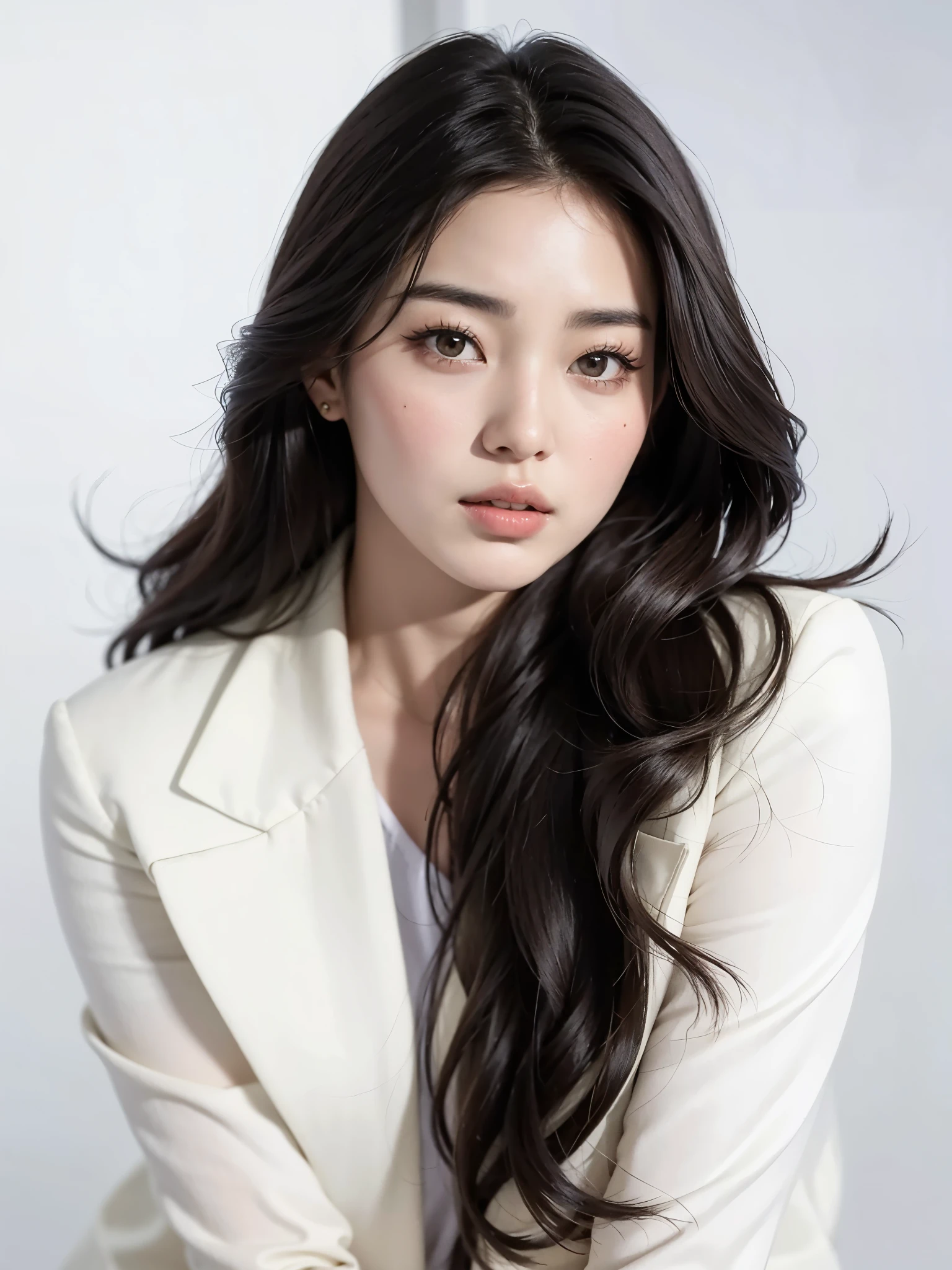 Una mujer con pelo largo y una chaqueta blanca posando para una foto., actriz femenina de corea, Hye Kyo song, linda actriz coreana, Hwang se - es, hermosa mujer surcoreana, lee ji-eun, lee ji - eun, bae suzy, heonhwa choe, jaeyeon nam, aparcar desde-min, hermosa joven coreana