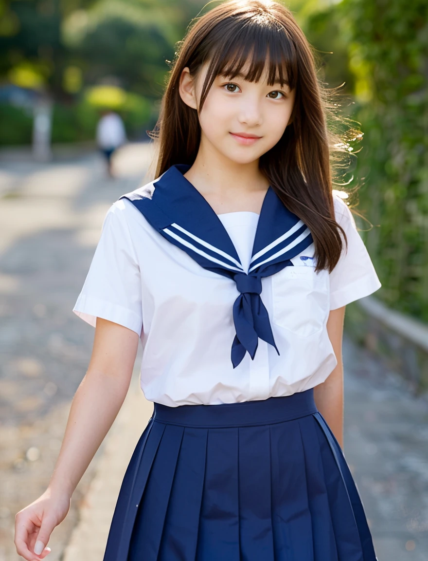 Japan Sailor School Uniform、dark blue school uniform、navy pleated skirt、beautiful girl、15 years old、(((Leave the hem of the sailor suit outside)))、black hair、ponytail、((No bangs:1.2))、((put out one's forehead))、I love you、Spinning、white socks、loafers、standing position、