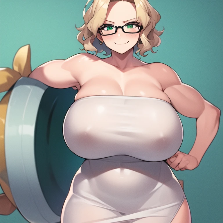 masterpiece, best quality, 1girl, solo, , forehead:1.4, gigantic breascular female, wavy hair, very short hair, blonde hair, green eyes, round glasses, white dress, white dress, tube dress, strapless dress, blush, smirk, looking at viewer