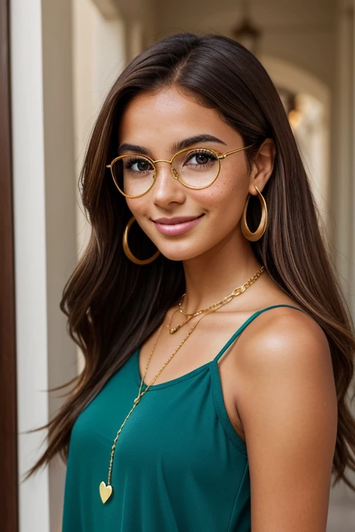 Create an image of Isabella, the Brazilian model, with a rich, dark brown skin tone, she is 19 years old and stands at a height of 1.60 meters, she has long, chestnut brown hair with golden highlights and a captivating smile, her eyes are large and green, gently accentuated by subtle makeup and round glasses, tiny freckles litter her face and rest above her delicate nose, she has a generous mouth and a wide, enchanting smile, in her ear glints a pair of gold hoop earrings, around her neck hangs a gold chain with a small heart-shaped pendant, she wears a blue top that falls off one shoulder and a check